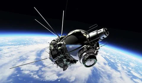 Soviet spacecraft at the Earth orbit. 3D Illustration. Stock Illustration