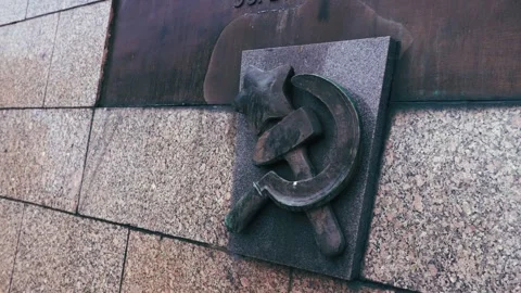 Soviet Star with communist hammer and sickle symbol on war memorial Stock Footage 319937128