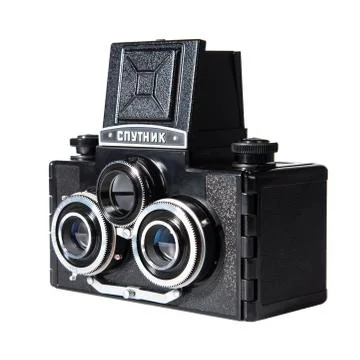 Soviet stereoscopic camera Sputnik, medium-format triple-lens mirror camera Fotos Stock
