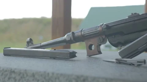 Soviet submachine gun, pistol and knife close-up at the shooting range Stock Footage 195095447