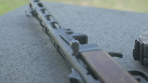 Soviet submachine gun ppsh-41 close-up at the shooting range Stock Footage 195095431