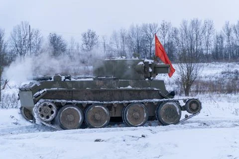 The Soviet T-7 tank is on the attack. Stock Photos