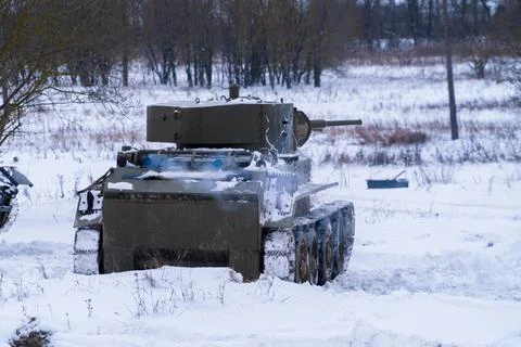 The Soviet T-7 tank is on the attack. Stock Photos