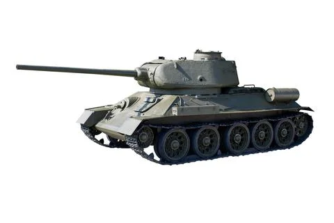Soviet tank from the second world war T 34 85 isolated on white background. Old Stock Photos