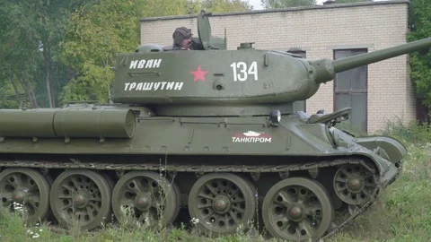 Soviet tank t-134 is involved in the reconstruction of the battle Stock Footage 229851712
