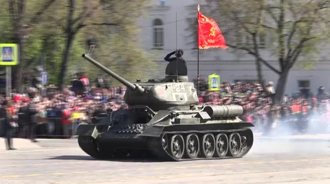 Soviet tank T-34 with a red flag Stock Footage 63463257
