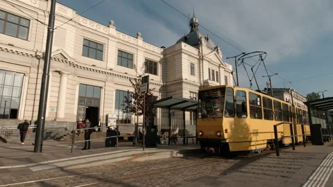 Soviet tram in front of Lviv Station Stock Footage 166435764