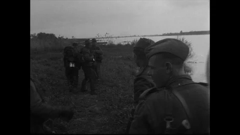 Soviet troops on bank of river Stock Footage 103378708