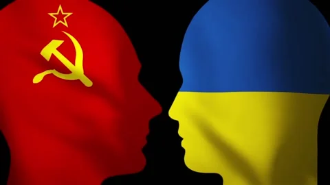 Soviet Union And Ukraine Flags, History Of One Society Stock Footage 144687796