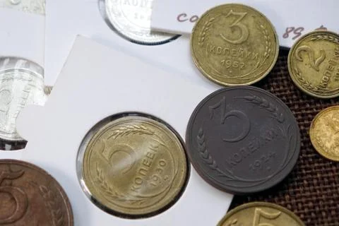 Soviet Union Coins Collection Displayed on White Paper Stock Photos