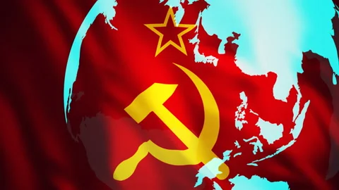 Soviet Union flag with planet earth rotating. USSR global influence on past Stock Footage 304394836