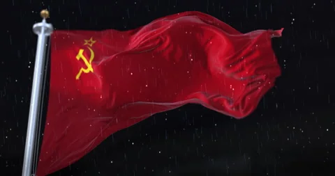 Soviet Union Flag Waving with rain and snow in the night. Loop Video stock 185441319