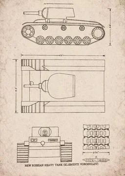Soviet World War II KV-1 Heavy Tank Vintage Blueprint Technical Diagram 库存插图