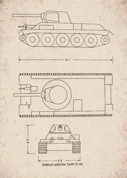 Soviet World War II T-34 Medium Tank Vintage Blueprint Technical Diagram Stock Illustration