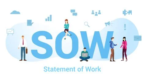Sow statement of work concept with big word or text and team people with mode Illustrazione stock