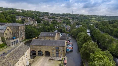 Sowerby Bridge marina with narrow boats on the water Stock Photos