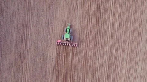Sowing corn in a large field. A drone shot from the top tractor with a seede Stock Footage 305929263