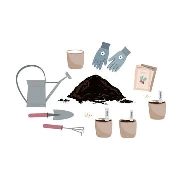 Sowing vegetable seeds vector illustration. Spring Gardening concept, equipment Stock Illustration