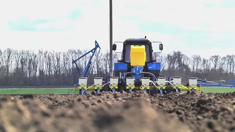 Sowing work in the field with agronomic units Video stock 155070962