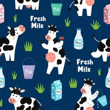 Сows and milk seamless pattern Stock Illustration