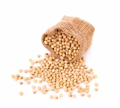 Soy beans in sack on white background Foto stock