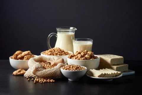 Soy products on black background Stock Photos