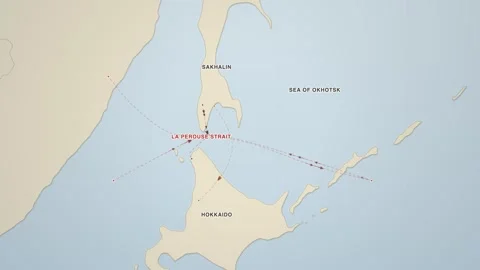 Soya La Perouse Strait Hokkaido Sakhalin shipping routes vintage atlas map Stock Footage 339907976