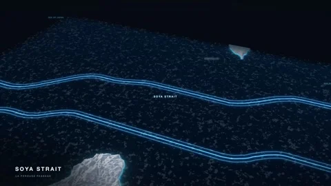 Soya Strait 3D White Terrain Relief Map With Glowing Shipping Route 스톡 동영상 343539324