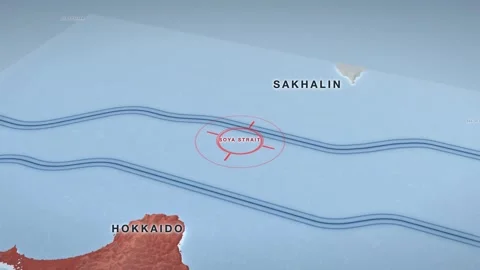 Soya Strait naval blockade map on a pale 3D terrain relief Vidéo 344266937