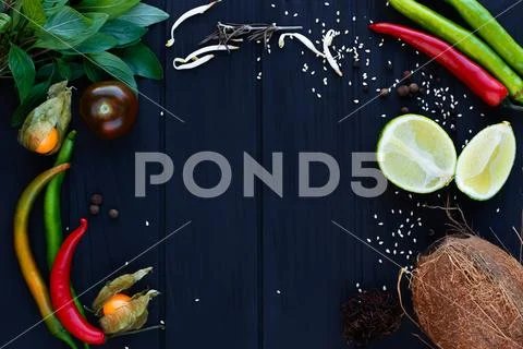Soybean sprouts, physalis, coconut, rambutan, chili peppers,sesa Stock Photos