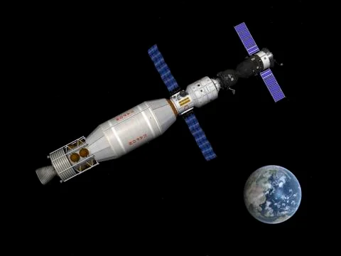 Soyuz deep space explorer docked begins to leave Earth orbit. Stock Illustration