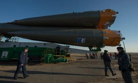 The Soyuz rocket is rolled out to the launch pad by train on Tuesday, March.. Stock-Fotos
