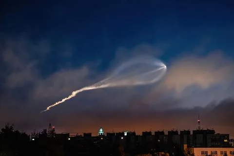 Soyuz space rocket launch. Space jellyfish in sky. Plume of rocket gases in s Stock Photos