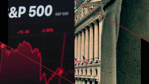S&amp;P 500 Falling, split screen with New York Stock Exchange. Stock Footage 145381406