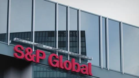 S&amp;P Global Stock data presented on the logo of the office facade editorial Stock Photos