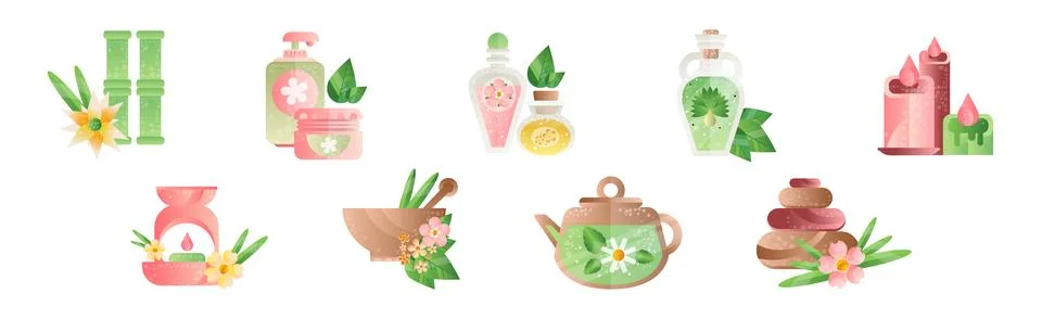 Spa and Aromatherapy Element and Object Vector Set 스톡 일러스트