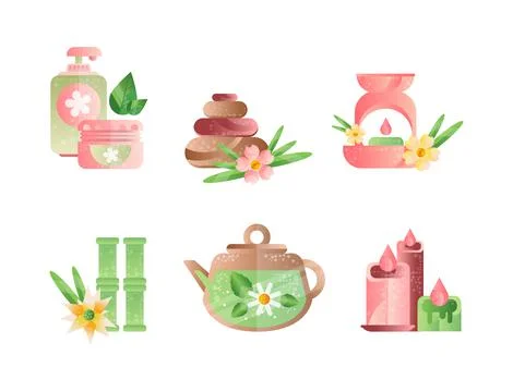 Spa and Aromatherapy with Herbal Tea, Bamboo, Candle and Body Lotion Vector Set Stock Illustration