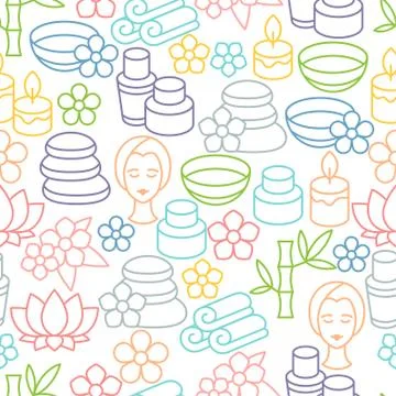 Spa and recreation seamless pattern with icons in linear style Stock Illustration