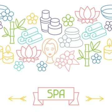 Spa and recreation seamless pattern with icons in linear style Stock Illustration