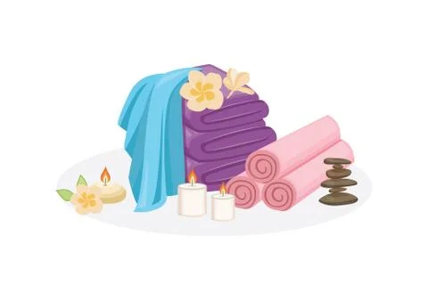 SPA and relaxation bath objects - fresh towel stack with candles, flowers Stock Illustration