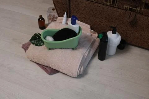 Spa and self-care items arranged on soft towels, ready for relaxation Stock Photos