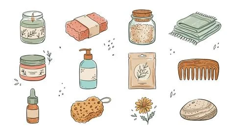 Spa and self care vector elements with natural soap candle massage stone an.. Stock Illustration