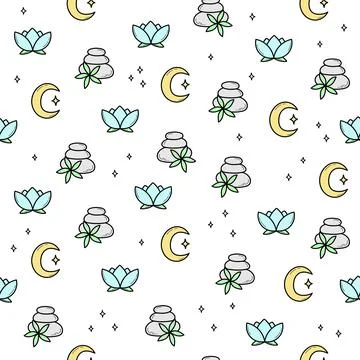 Spa and zen pattern with stones, lotus and moon in white. Vector illustration Illustrazione stock