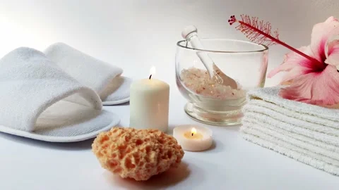 Spa background composition with hibiscus pink flower on white background. Stock Footage 134567842