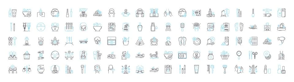 Spa basics vector line icons set. Spa, Services, Treatments, Massage, Facials Stock Illustration
