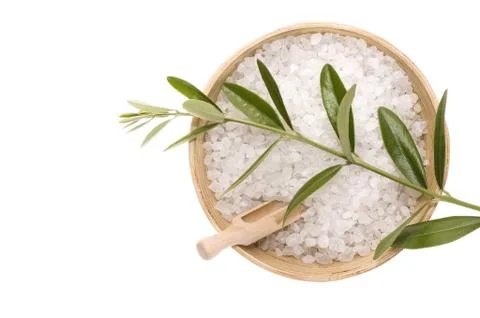 Spa. bath salt and olive branch Stock Photos