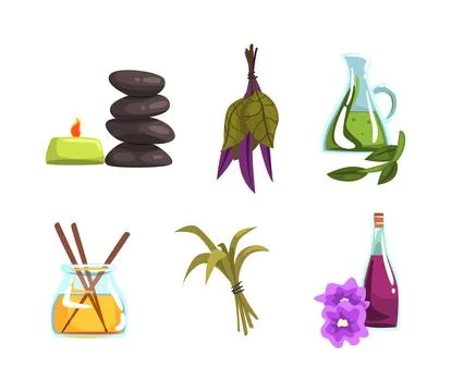 Spa, beauty and care objects set. Aromatic reed diffuser, pebble stones, oil Stock Illustration