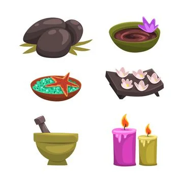 Spa, beauty and care objects set. Pebble stones, mortar and pestle, lotus Stock Illustration
