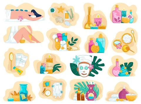 Spa care therapy, collection vector illustration. Luxury care for adult woman Stock Illustration