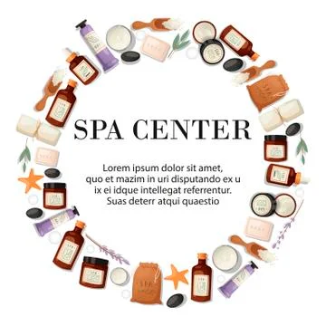 Spa center round pattern vector illustration. Realistic plastic containers Stock Illustration
